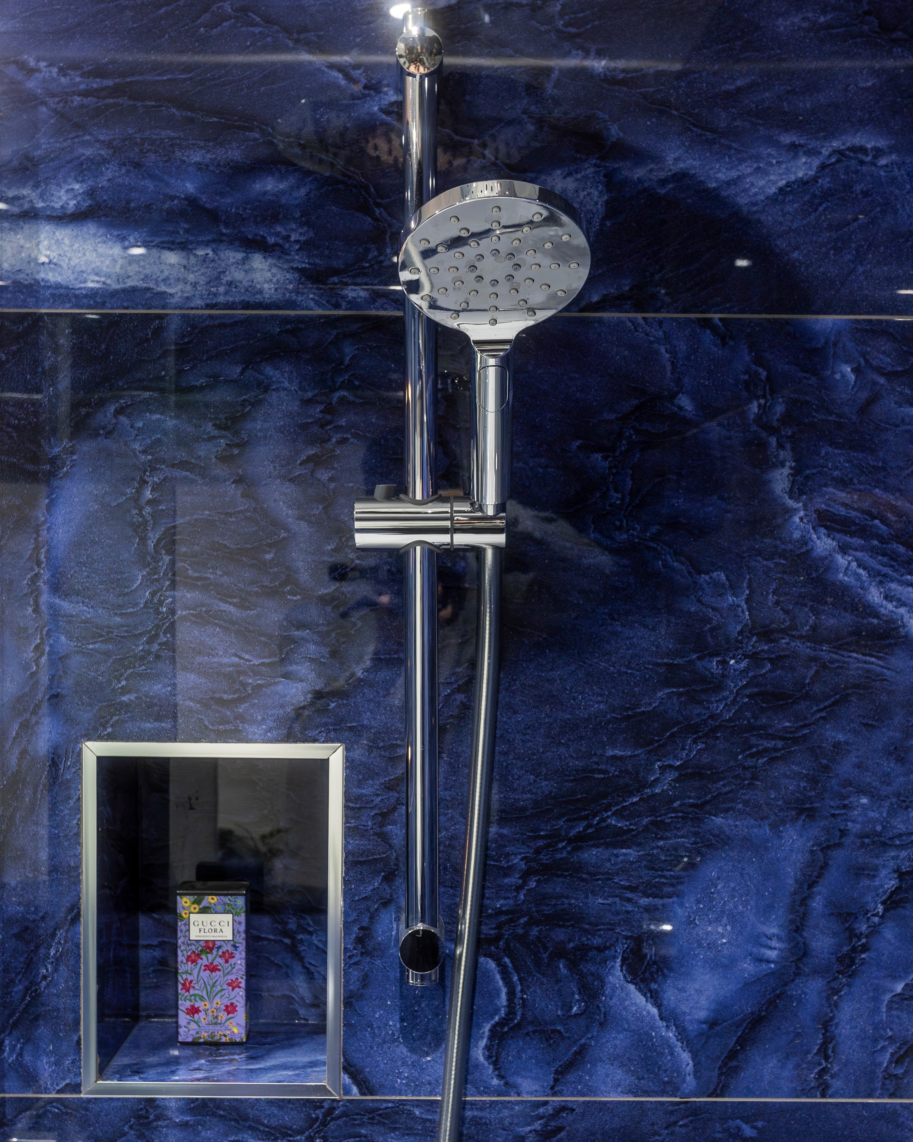 Blue marble shower niche