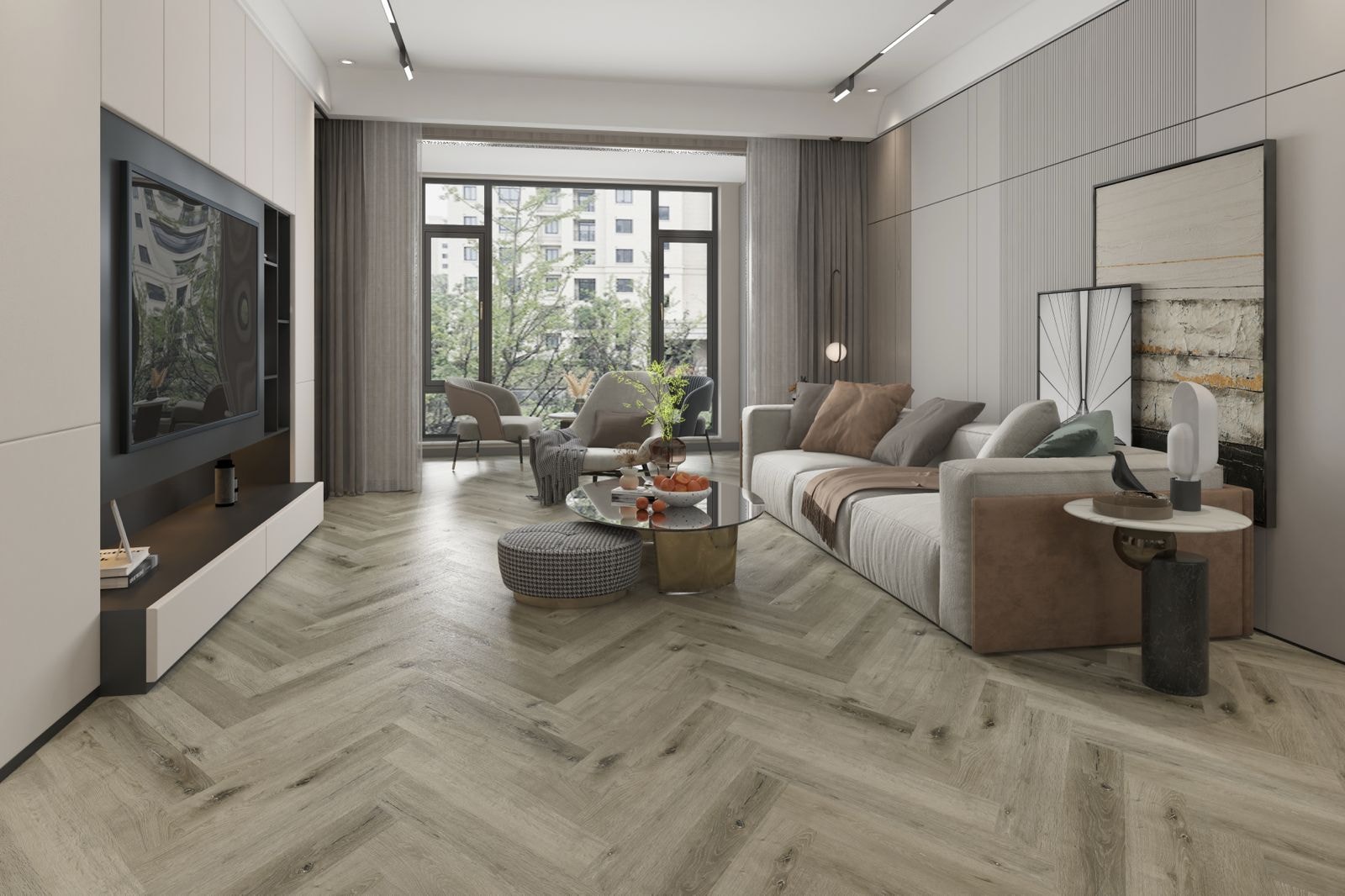 Cliflo luxury vinyl flooring — herringbone living room