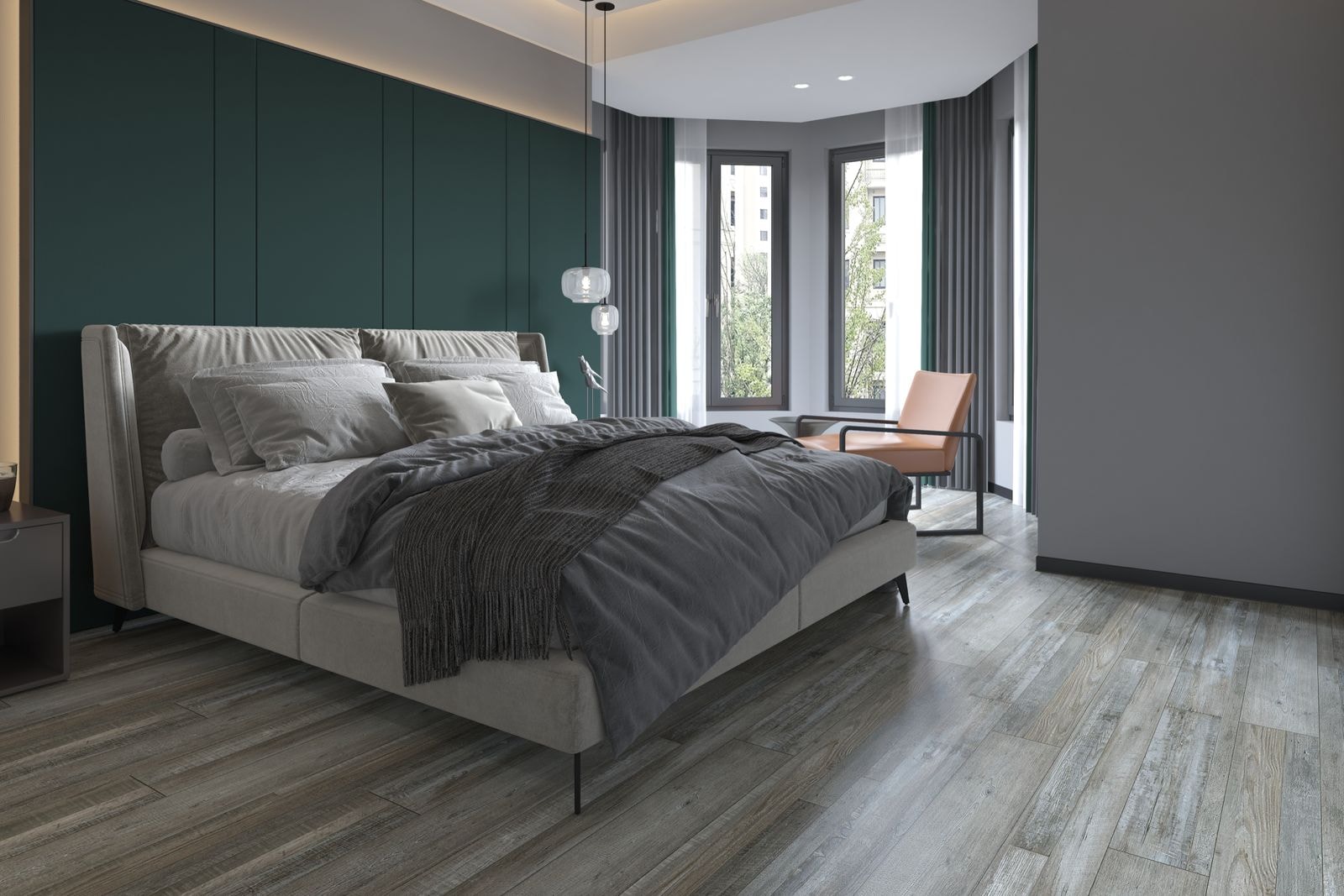Cliflo luxury vinyl flooring — teal accent bedroom