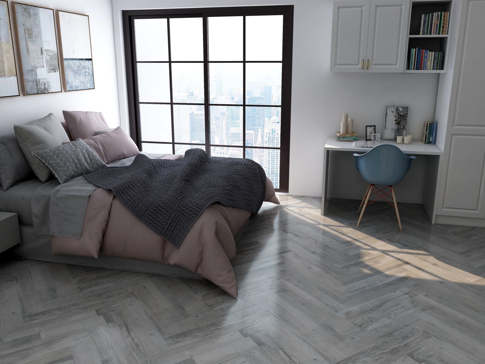 Cliflo luxury vinyl flooring — herringbone bedroom with city view