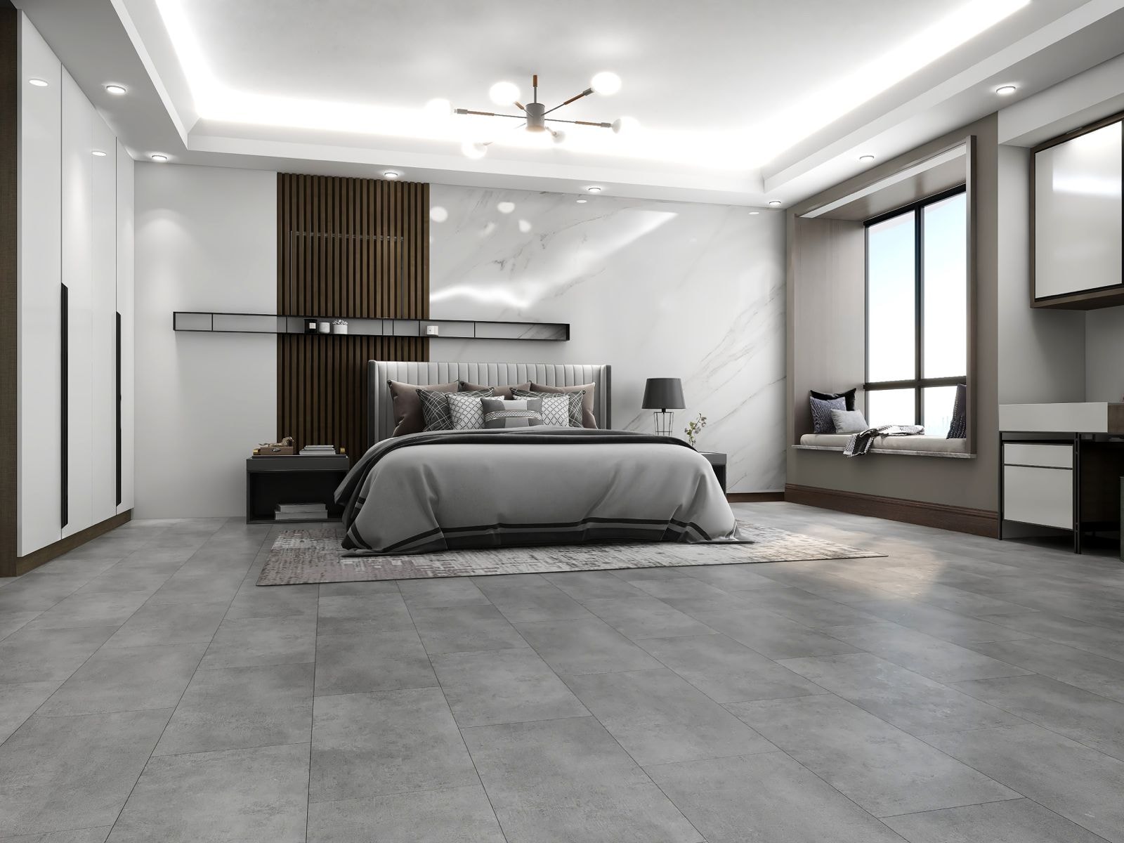 Cliflo luxury vinyl flooring — stone effect master bedroom